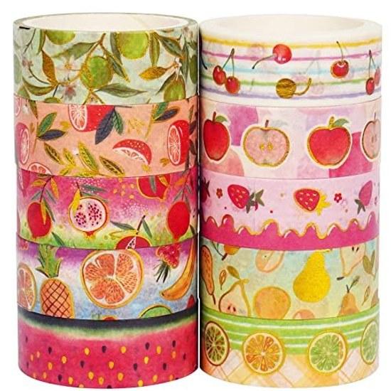 Fruit Pattern Masking Tape Set 10 Rolls Creativity Gold Foil Washi Womens Style Packaging DIY Crafts (Orchard)