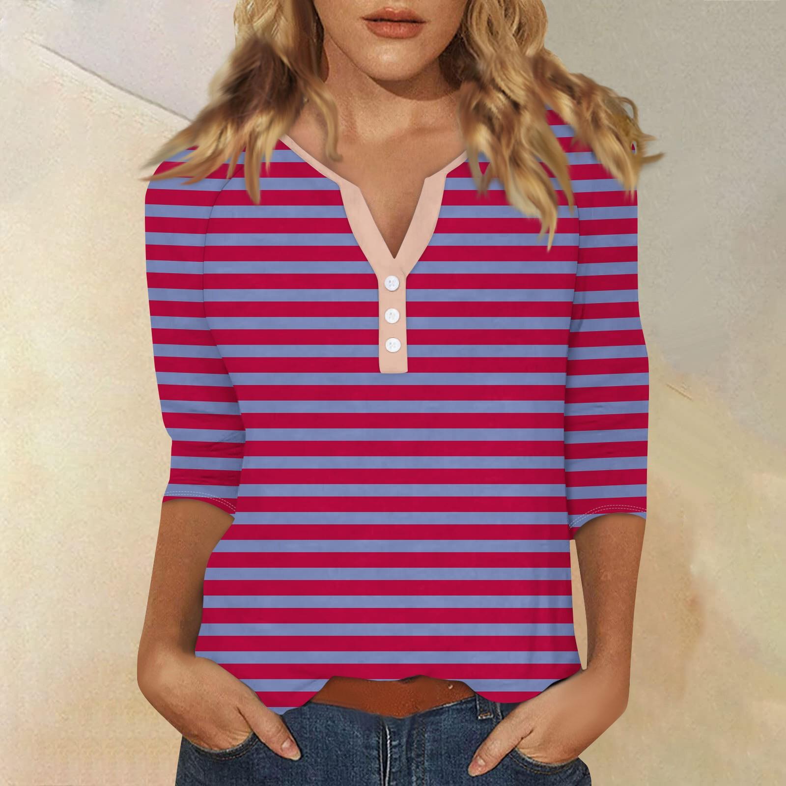 Жен. Футболка Футболка С принтом Пуговицы Рукав 3/4 Повседневные Выходные Мода — фото 6