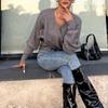 2026 Autumn Winter Solid Color V-Neck Cut-out Knit Sweater with Long Sleeves