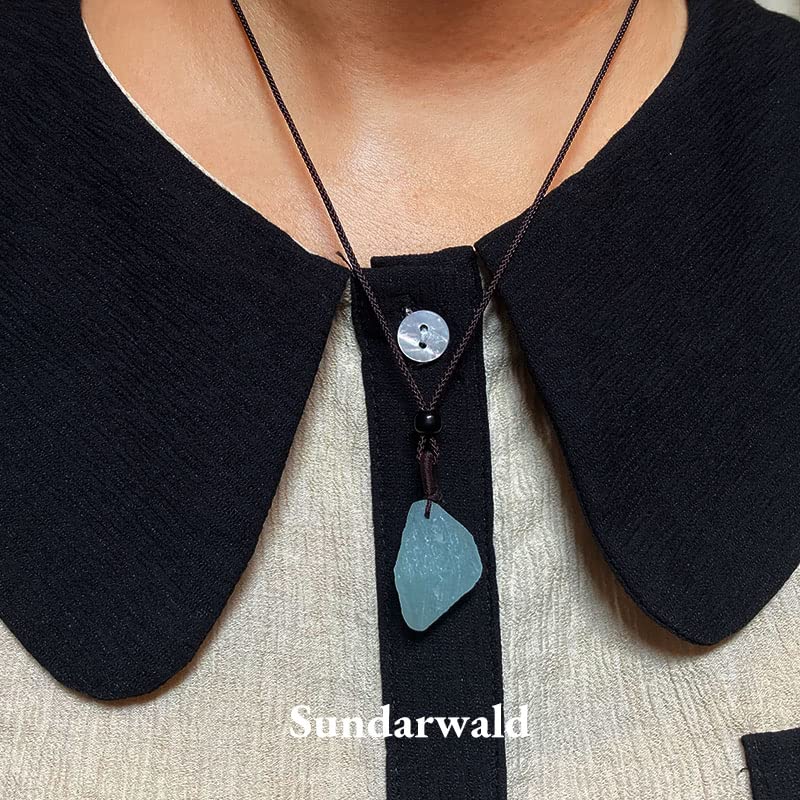 [Sundarwald] White Blue Natural Stone Aquamarine Handmade Necklace Power Stone Black Braided Women's Men's Unprocessed Stone Pendant Adjustable