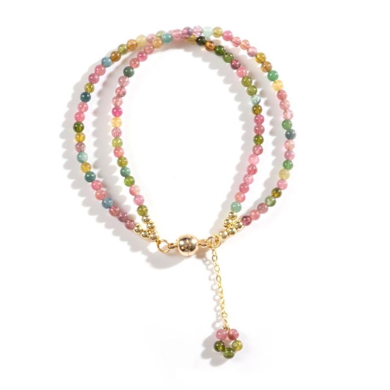 Double Layer Rainbow Natural Tourmaline Thin Copper Bracelet with 3mm Multicolor Beads 17cm Elegant Design for Women