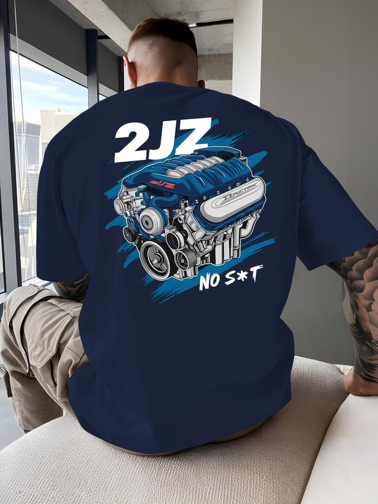 Motor Neues Herren Grafik T-Shirt 2JZ NORST Motor Rückendruck Marineblau Lässiges Kurzarm-T-Shirt Atmungsaktives Rundhals Sommer Oberteil