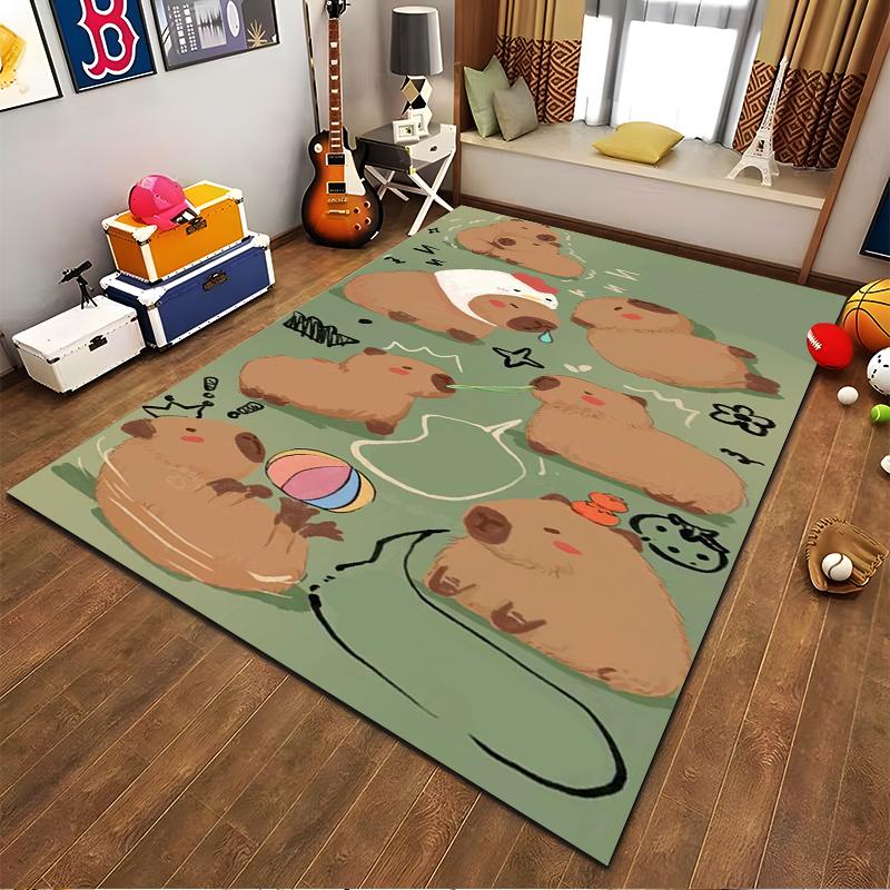 Cartoon Capybara Pattern Carpet, Green Background Kids Room Rug Suitable for Use As an Anti-slip for Living Room Bedroom Sofas