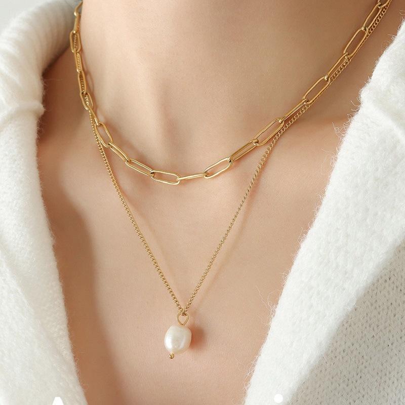 316L Stainless Steel New Fashion Fine Jewelry Minimalism 2-Layer Pearl Charm Chain Choker Necklaces Pendants For Women