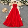 Seaside Vacation Wind Super Fairy Pendulum Red Beach Dress Women's French Sweet Neck Suspender Dress