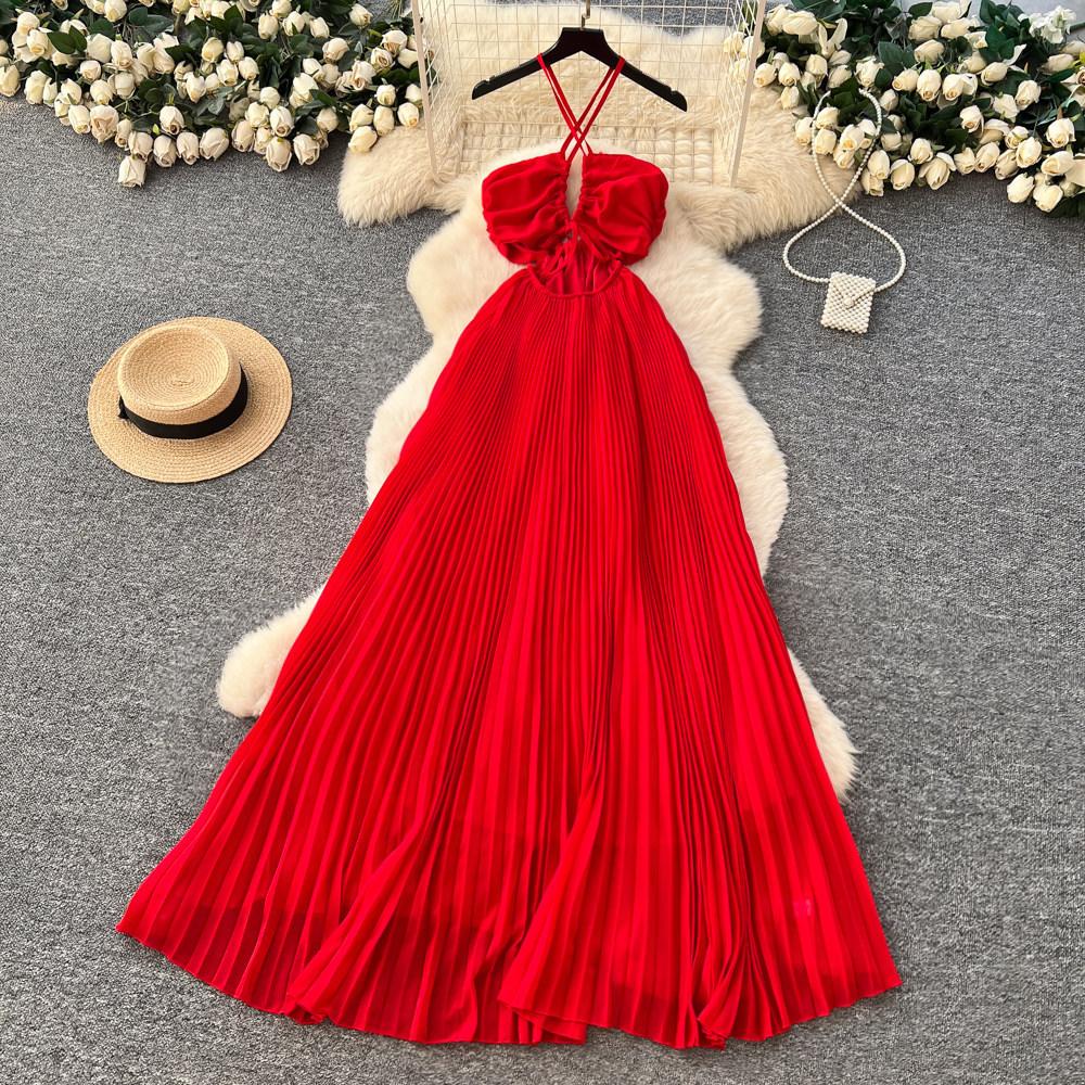 Seaside Vacation Wind Super Fairy Pendulum Red Beach Dress Women's French Sweet Neck Suspender Dress
