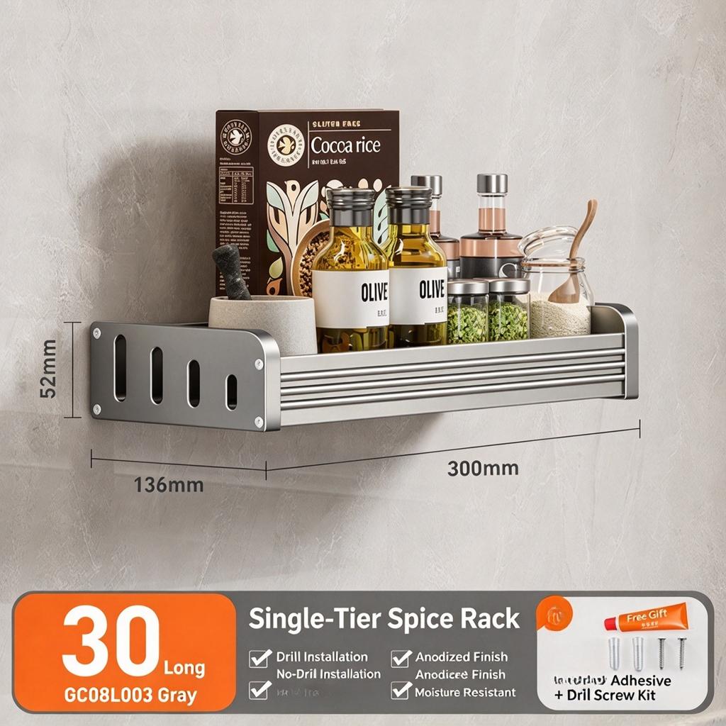 Kitchen Storage Rack Wall Mounted Knife Holder & Spice Organizer Multi-functional Seasoning Storage Shelf for Home No Drilling