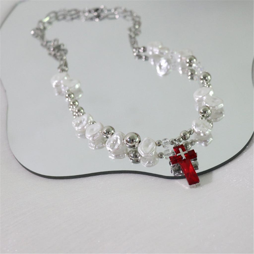 Tooxika Sweet Cool Hottie Pearl Cross Necklace Men's And Women's Hip Hop Personalised Dark Collarbone Chain