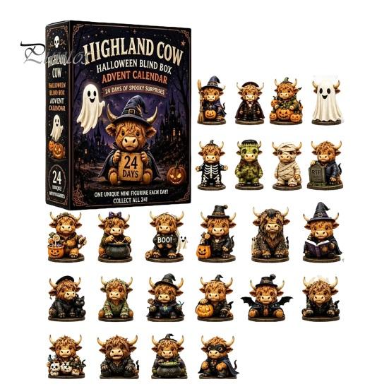 Halloween-Schmuckset Schottische Hochlandkuh Adventskalender, 24-Tage Countdown-Box Geschenk mit 24 Stück Figuren, Gruselige Dekorationen für Kinder