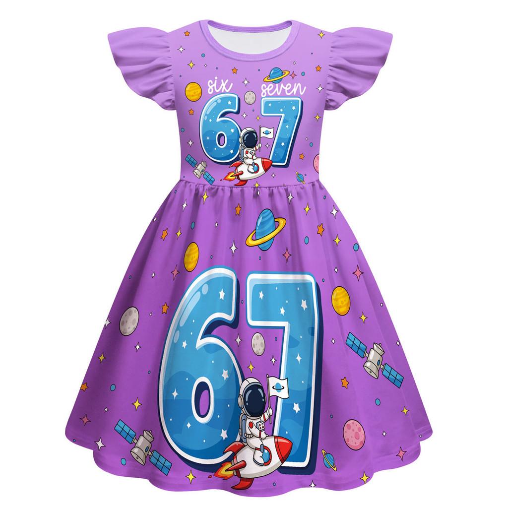 82865 Kinder Mädchen Steal a Brainrot 67 Print Rüschen Ärmellos Prinzessin Kleid