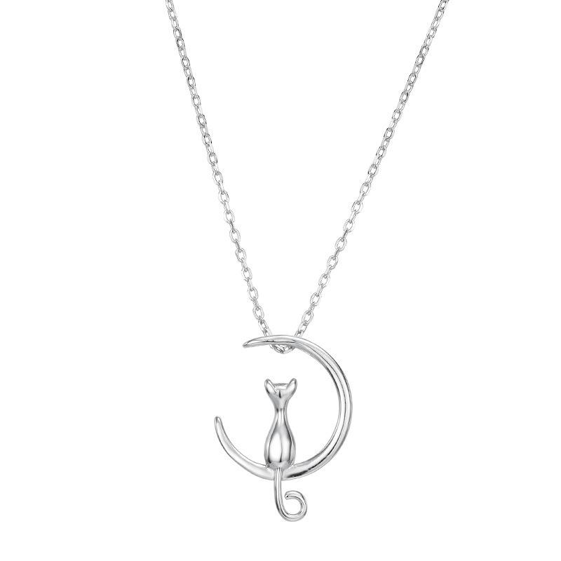 S925 Sterling Silver Cat On Moon Necklace - Cute Korean Style Clavicle Chain for Women