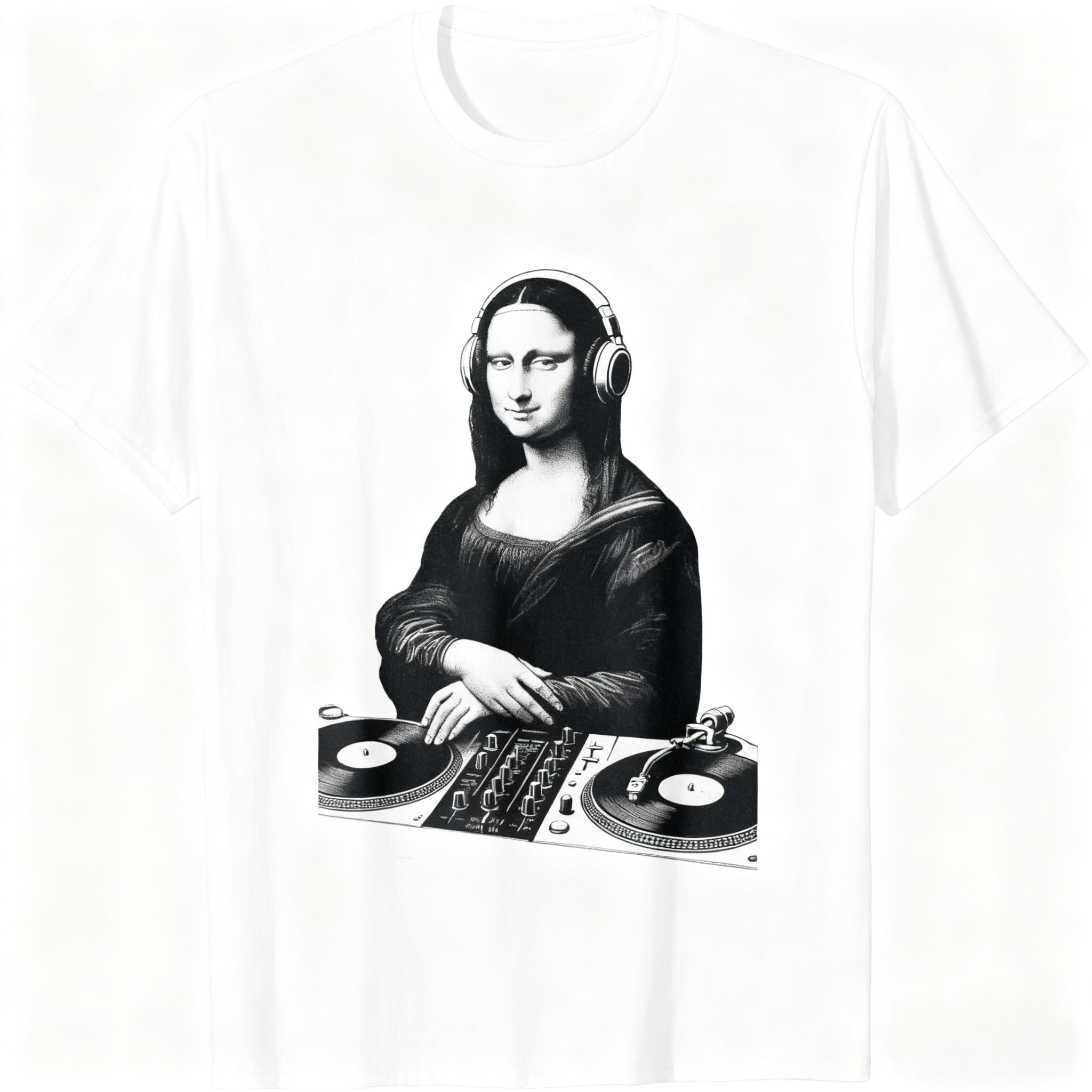 

Mona Lisa DJ Headphones Turntables Music Lover Sketch Art T-Shirt Harajuku Style 100% Cotton Unisex Fashion Casual Loose Tops 3XL