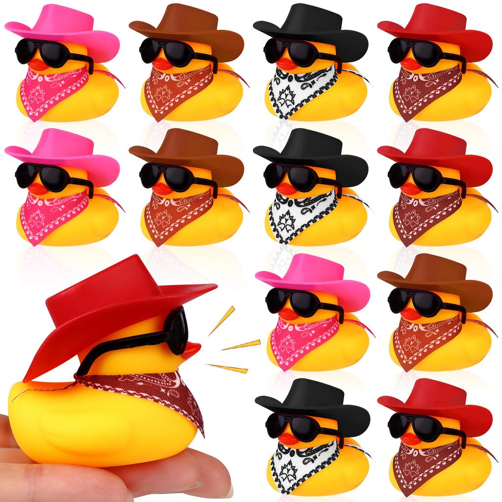 12 Pcs Western Cowboy Ducks With Hat Scarf And Sunglasses Mini Rubber Duck Car Ornaments Funny Dashboard Decoration Small Ducks