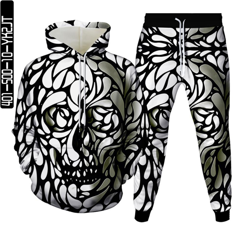 Conjuntos de chándal para hombre Hip Hop Punk Skull Fire Sudaderas con capucha impresas en 3D Pantalones para correr Traje de alta calidad para mujer Ropa de calle Tallas grandes S-6XL