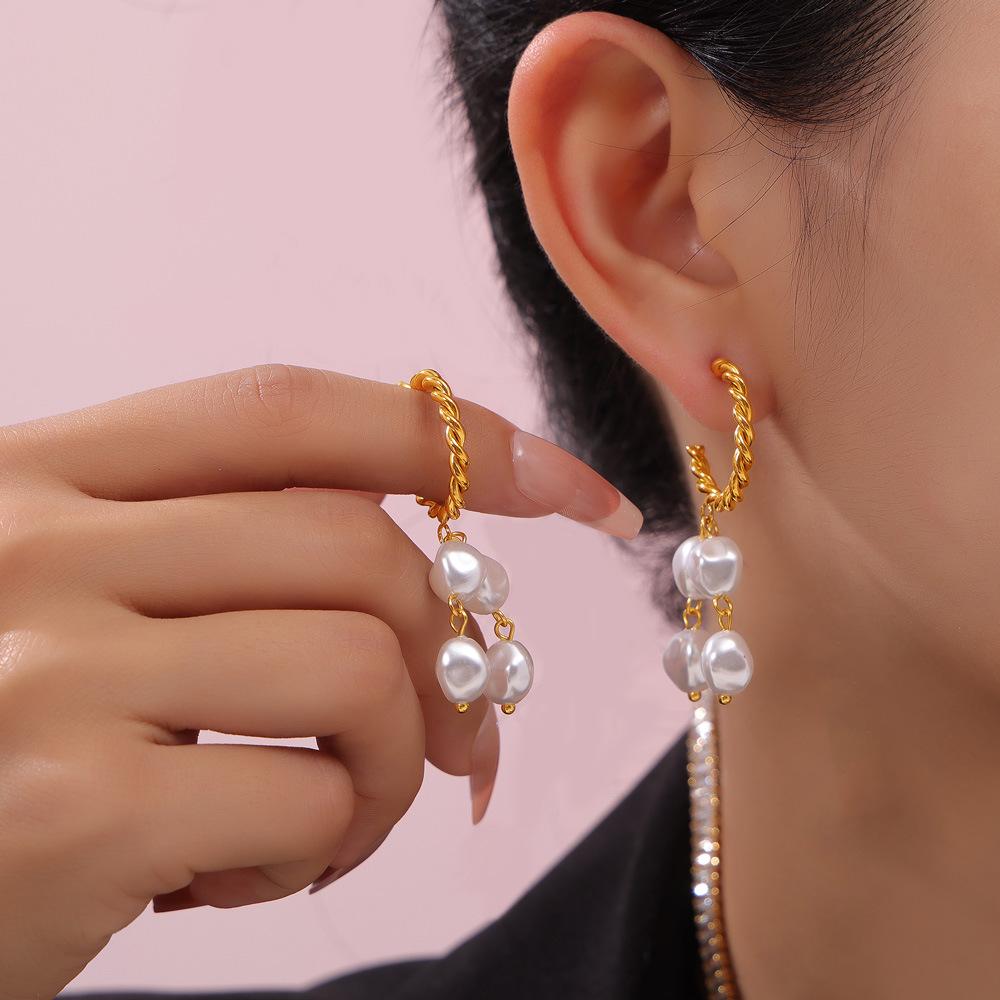 Bohemian Twist Faux Pearl Earrings: Elegant 18k Gold-Plated Titanium Steel Studs