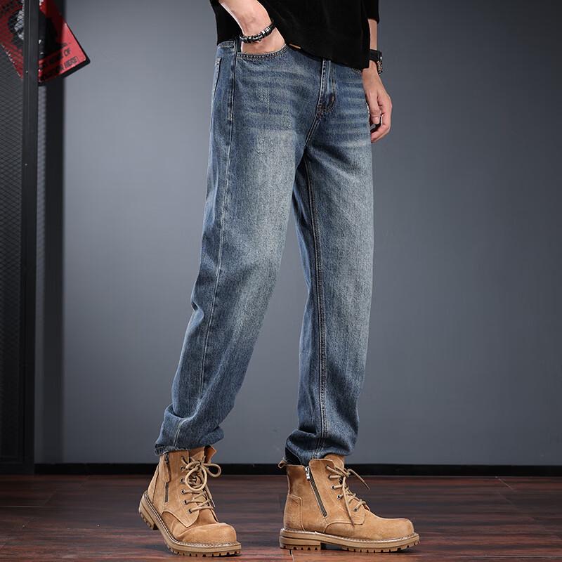 Jieleinuo Men's American Retro Washed Straight-Leg Denim Jeans