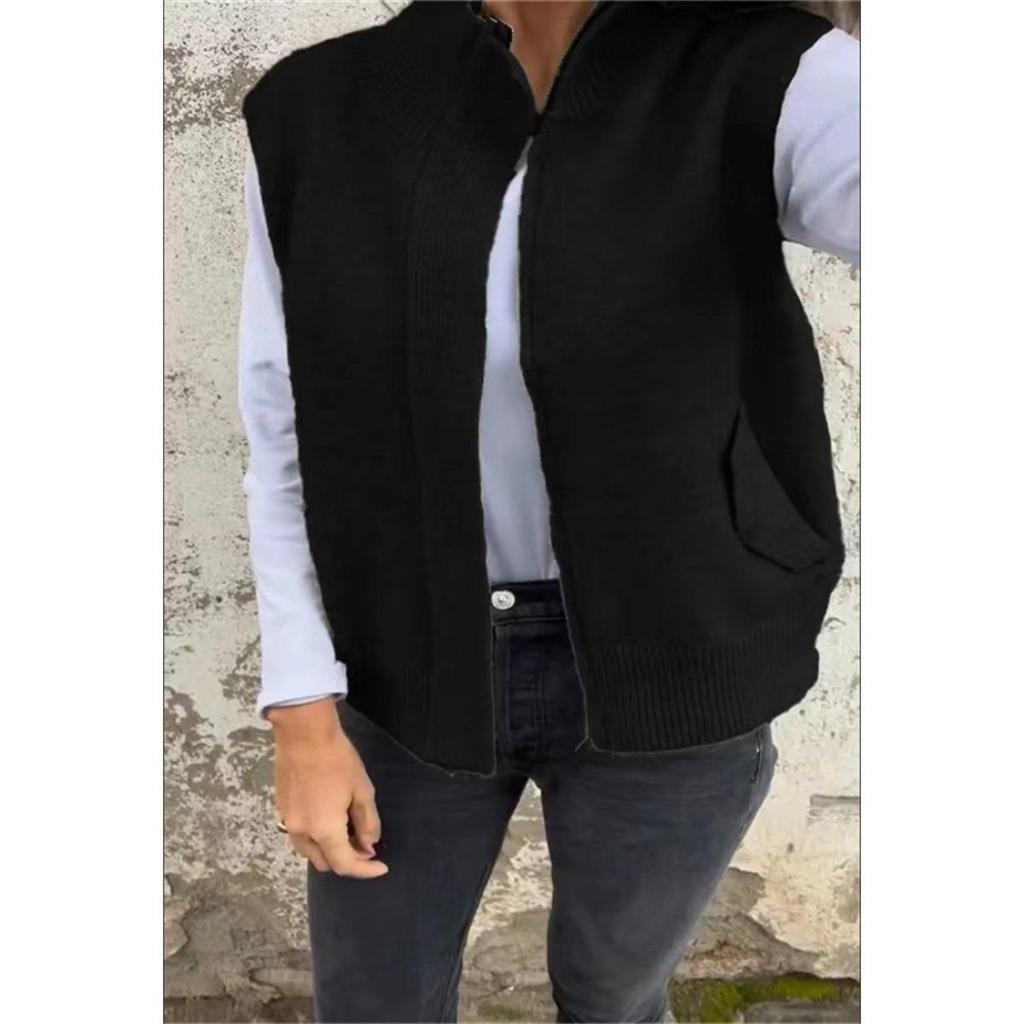 Winter Women's Stand Collar Zip Knitted Vest Loose Casual Open Front Sweater Gilet for Autumn Winter