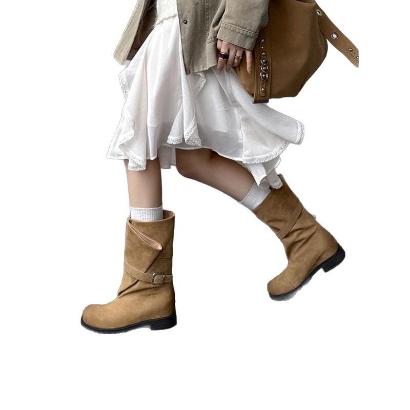 Cowhide version~ New niche wide tube western cowboy boots women's thick heel leather locomotive knight boots Martin boots