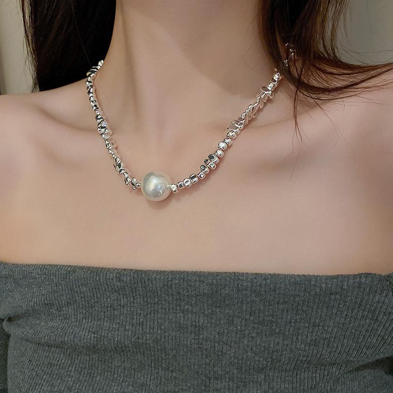 

High-End Irregular Silver Pearl Necklace & Clavicle Chain Choker Bracelet