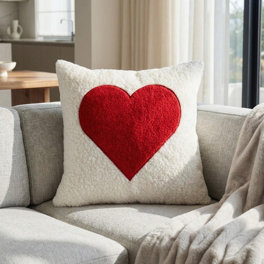 Soft Valentine Heart Pattern Pillowcase Embroidery Square Throw Pillow Cover Decorative Red White Tufted Cushion Case
