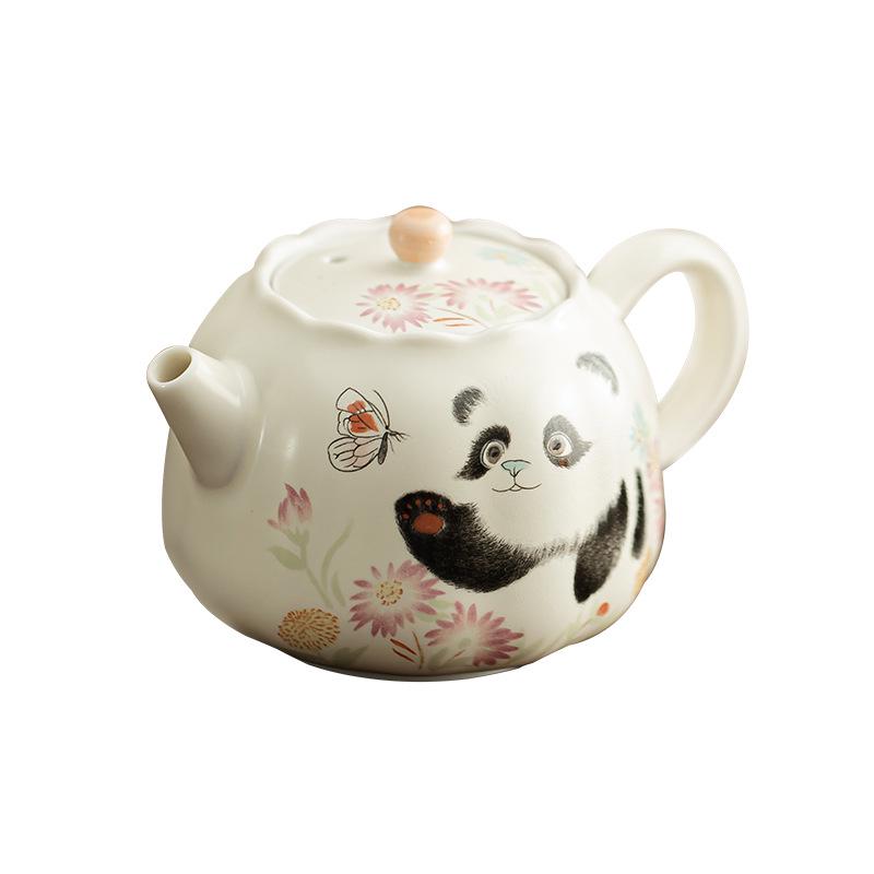 Panda & Butterfly Ceramic Teapot in Beige - Kung Fu Tea Set with Filter