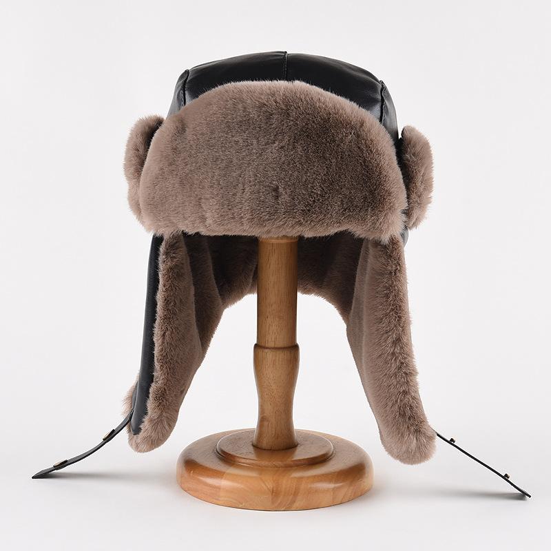 Leather Cap Men's and Women's Autumn and Winter Thickened Thermal Ear Protection Hat Outdoor Skiing Cycling Fleece Cold Hat