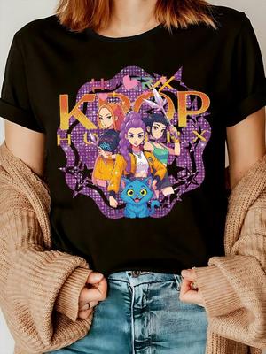Women's K-pop Inspired Graphic T-shirt With Purple Pink Korean Pop Group Design Round Neck Casual Everyday Tee For Spring Summer