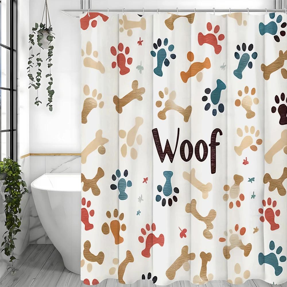 Cartoon Puppy Paw Print Bone Woof Woof Shower Curtain, Bathroom Decorative Shower Curtain, Waterproof Shower Curtain with Hooks