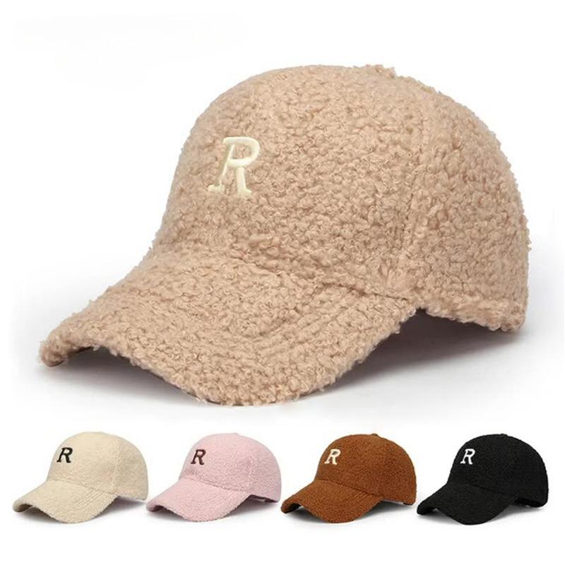 Embroidery R Letter Lamb Wool Baseball Cap Women's Autumn and Winter Casual Cap