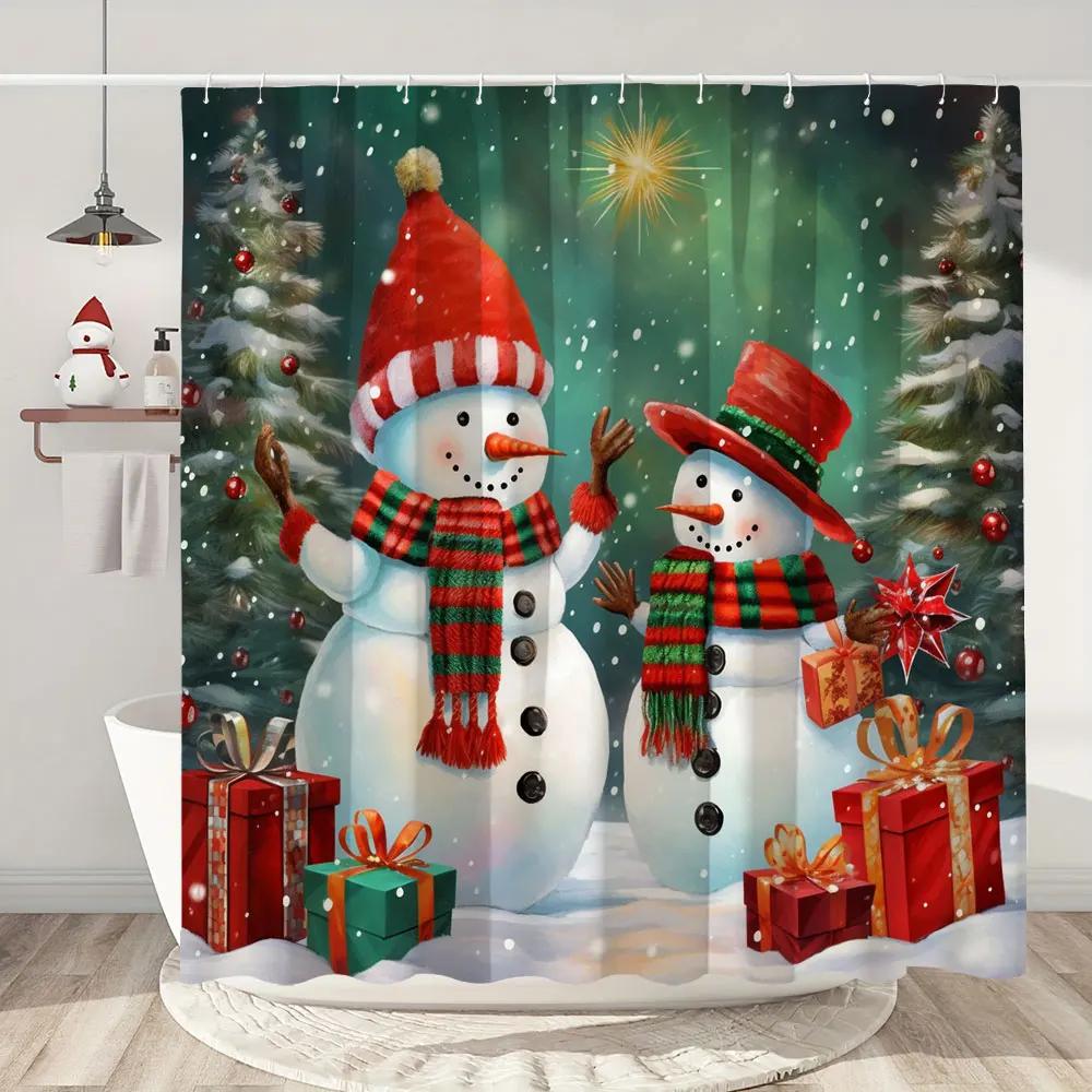 Christmas Shower Curtain Santa Claus Christmas Gifts Snowman Happy Holidays Polyester Shower Curtains Bathroom Deco with Hooks