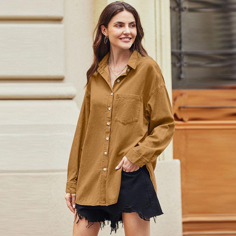 

Американская Shiying Осенняя Новинка Свободная Универсальная Джинсовая Рубашка Женская 2025 Универсальная Рубашка с Лацканами на Одной Пуговице Yellow P8017 2XL code fits (75.00 kg-82.50 kg