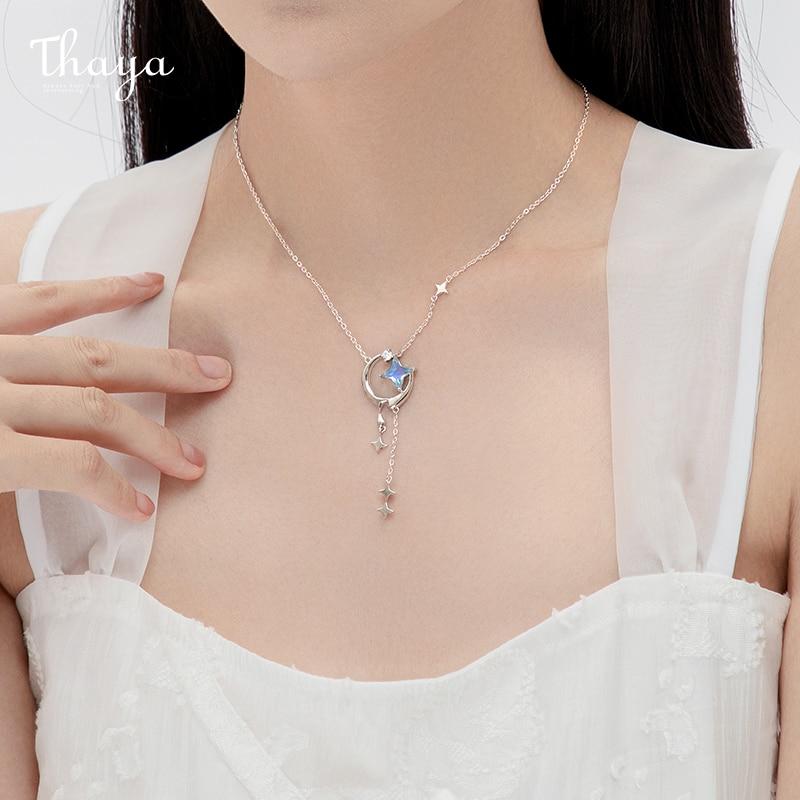 Thaya Corrente de Elo Colares Românticos Femininos Colares com Pingente de Estrela e Lua Gargantilha Design Original Adorável Joias Finas Para CasalCorrente Fofa