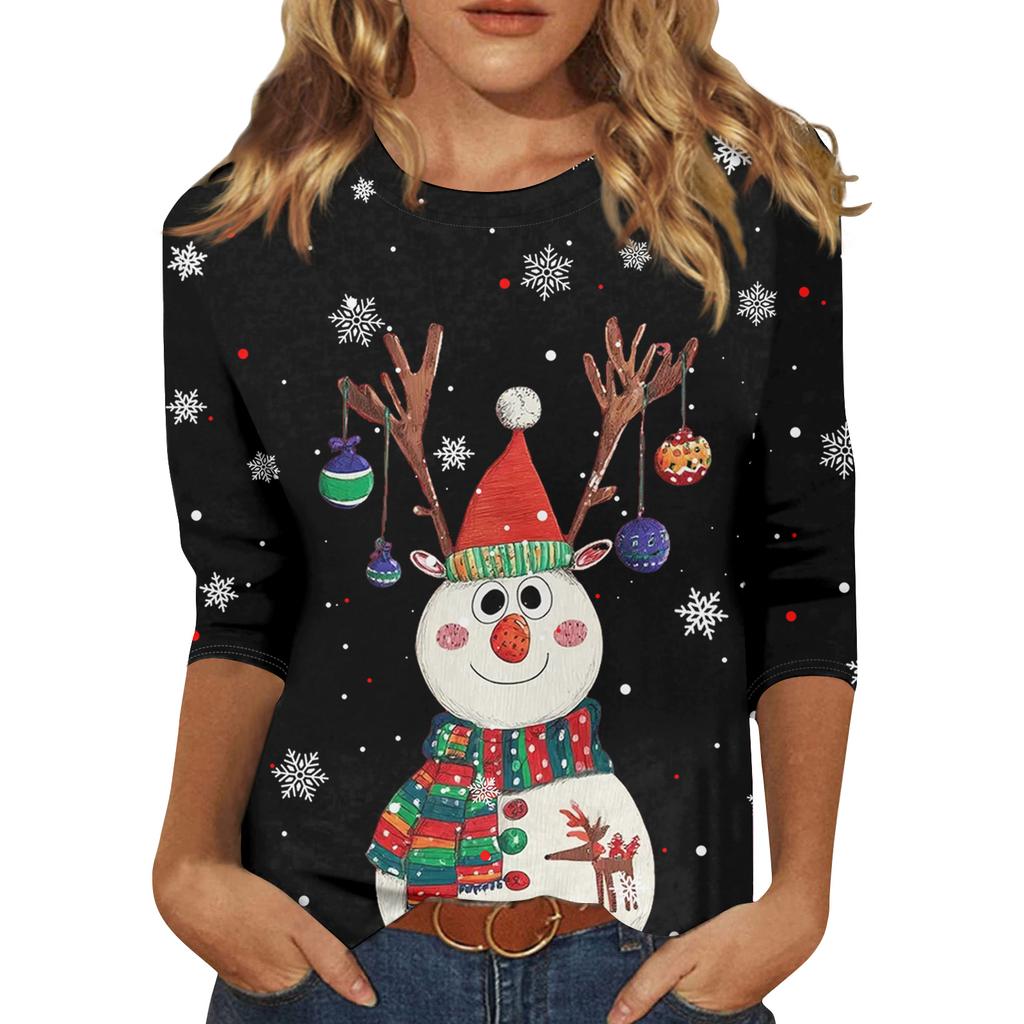 3/4 Sleeve Shirts For Women Print Christmas Tees Blouses Casual Plus Size Basic Tops Pullover