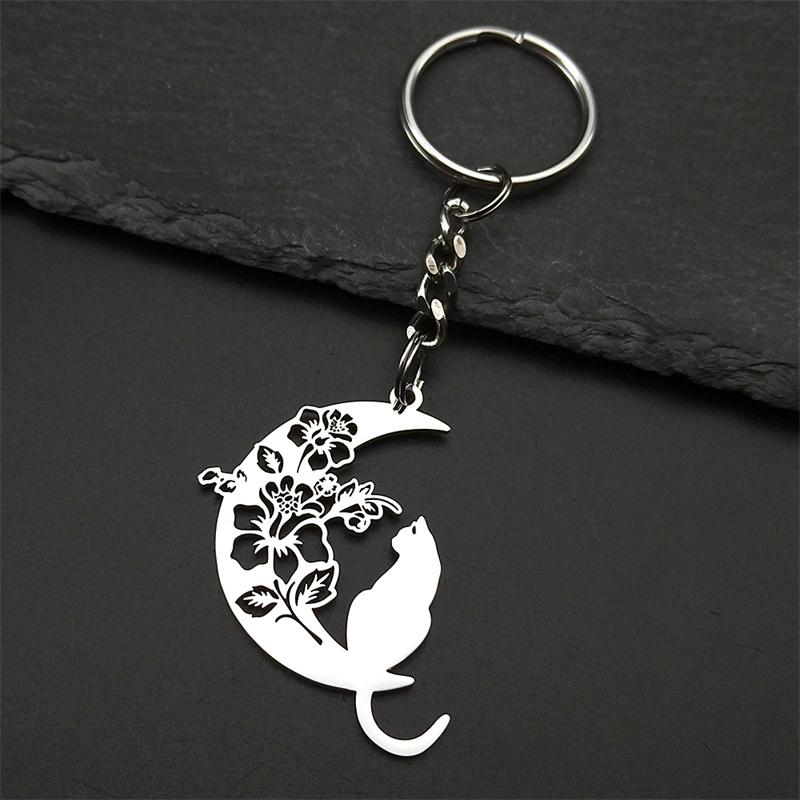 Aesthetic Cat Flower Moon Crescent Necklace for Women Men Stainless Steel Silver Color Bohemia Chain Gift Jewelry Collar 3220