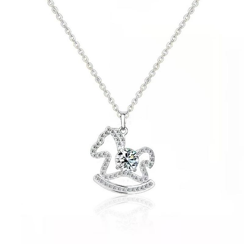 S925 Sterling Silver Horse Necklace for Women , Light Romantic Moissanite & Zircon Pendant , Zodiac Animal Design Chain 925 золотой