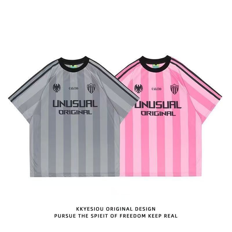 American hip-hop street style striped pink athletic jersey, loose casual sporty short-sleeved T-shirt for women.