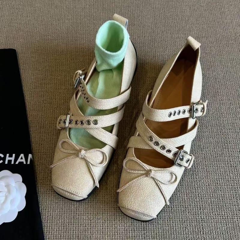 Retro Women's Shoes 2026 Spring Autumn Cross Tied Buckle French Bow Low Help Flat Shoes Non Slip Square Toe Mary Jane Shoes
