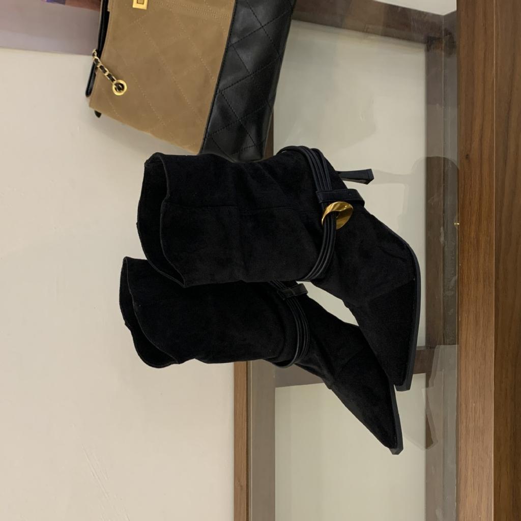 European and American Style New High-heeled Pointed-tipped Pleated Suede Piled Boots Metal Buckle Strap One-pedal Fashion Women's Boots Short Boots