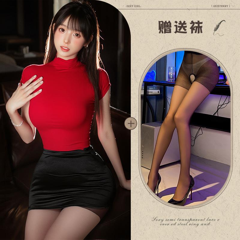 Sexy lingerie ol secretary uniform black silk slim fit hip skirt women's pure passion robe suit