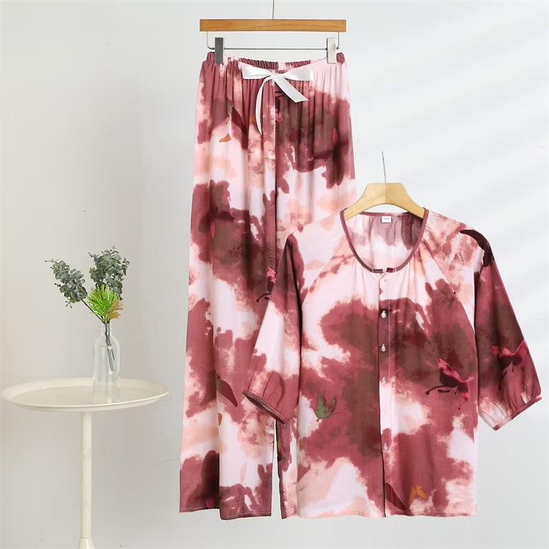 Summer Cotton & Rayon Slimming Outfit: Short-Sleeve Top & Floral Straight-Leg Pants for Middle-Aged and Elderly Women