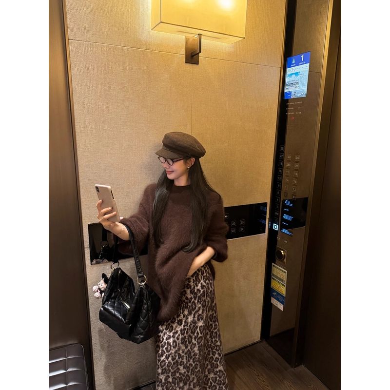 Kumikumi New Arrival Brown Pullover Long Sleeves Sweaters Women's Clothing Autumn Slimming Leopard Print Skirt Long Dress Two-piece Set