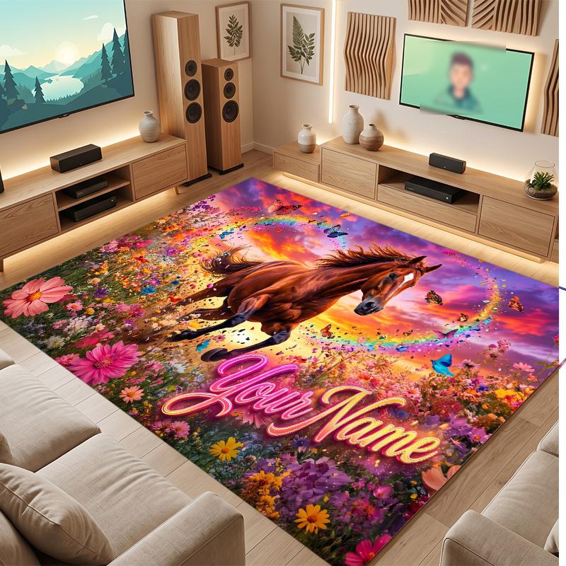 Horse Theme Soft Crystal Velvet Rug Custom Name & Text Print Non Slip Floor Rug for Bedroom Living Room