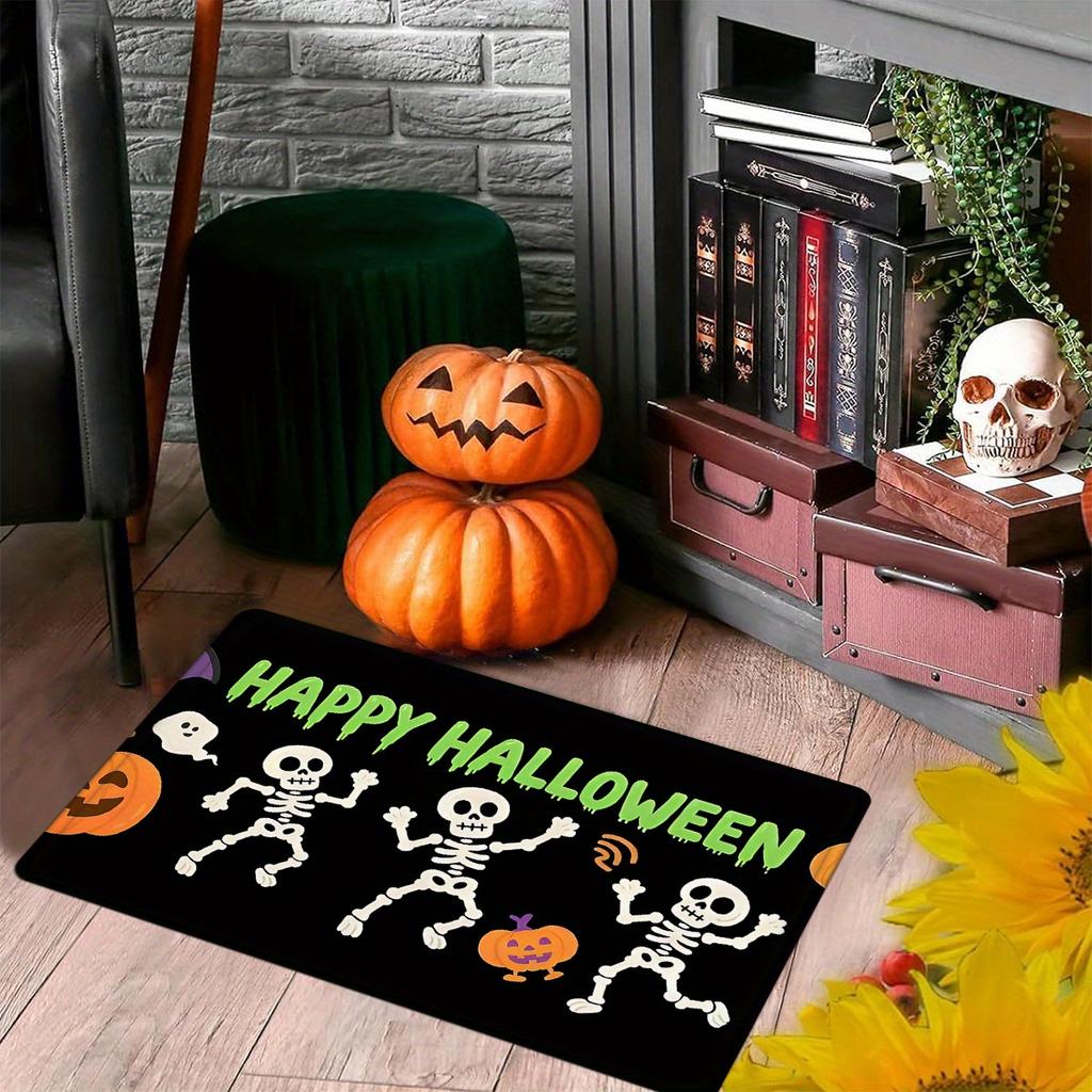 1pc Skull-Themed Halloween Doormat - Halloween Pumpkin Festival Decorative Rug, 1.2 Cm Thick, Machine Washable Polyester, Non-Slip Backing, Large Size