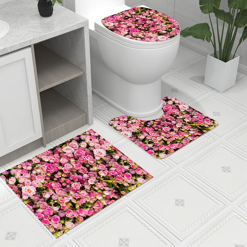 3pcs Bath Mat Set Bohemia Flower Anti-Slip Carpet Doormat Toilet Lid Toilet Seat CoverToilet Seat Mat Bath Rug Accessories