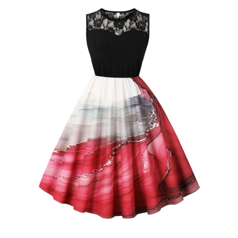 Halloween New Retro Dress Lace Crew Neck Sleeveless Patchwork Pendulum Dress