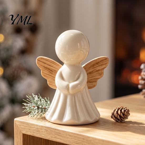 Modern Interior Design Accents Minimalist Angel Figurine with Wood Texture Wings, Compact Statue, Home Accessories Decorative White Sculpture