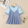 ZANZEA Women Casual Grid Print Patchwork Summer Short Sleeve T-Shirt