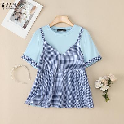 Women Casual Grid Print Patchwork Summer Short Sleeve T-Shirt