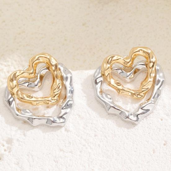 1 Pair Women Earrings Double-Layer Design Heart Irregular Shape Stud Earrings Scratch-Resistant Two-tone Earrings Jewelry Gift