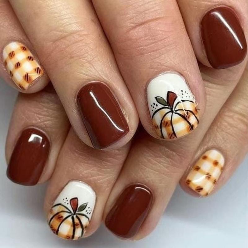 

ABS Material Press On Short Brown Pumpkin Art Comfortable Fit For Halloween Parties 1